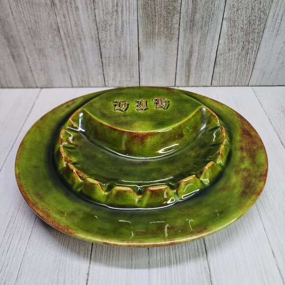 Vtg Glazed Green Two Toned Ceramic Ashtray with 11 Slots German Gothic Markings - Picture 1 of 10
